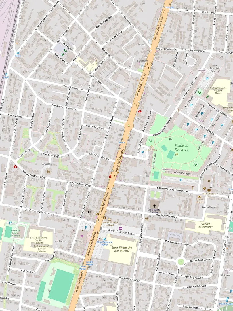Le plan du quartier : l'avenue Félix Geneslay, les commerces au bas de l'avenue, le parking, l'arrêt de bus