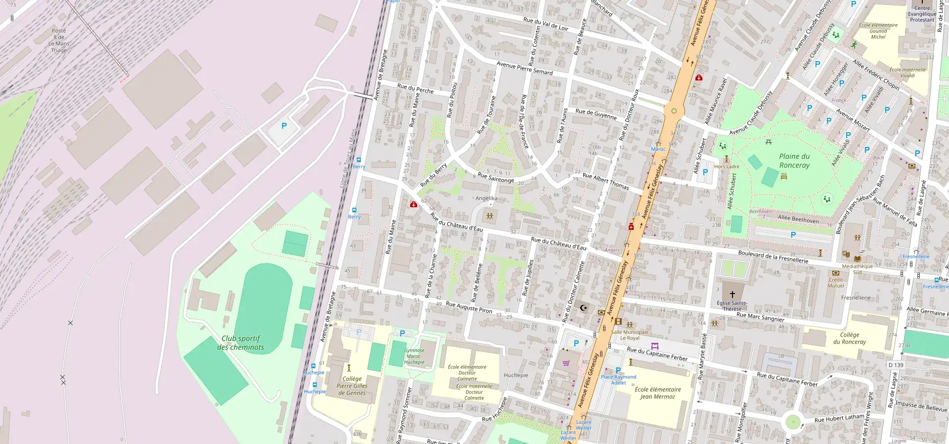 Le plan du quartier : l'avenue Félix Geneslay, les commerces au bas de l'avenue, le parking, l'arrêt de bus, le circuit au sud